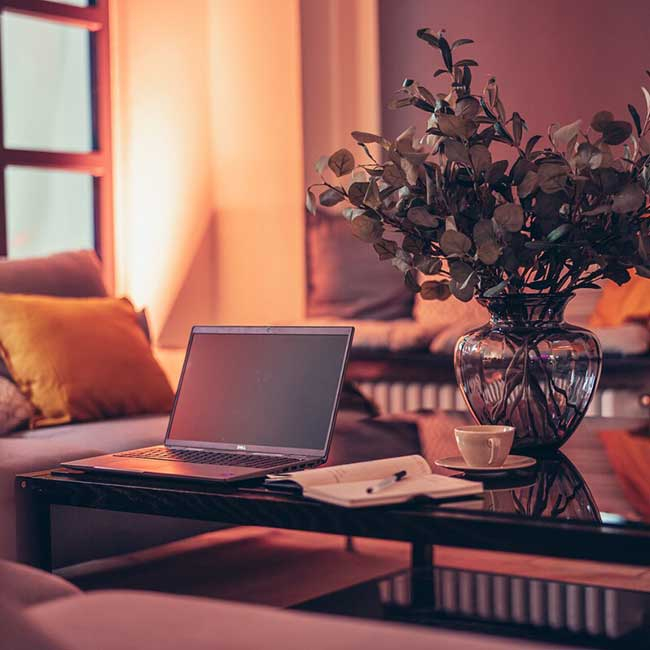 gemütliche Lounge, mit Sofas und Laptop im Vordergrund